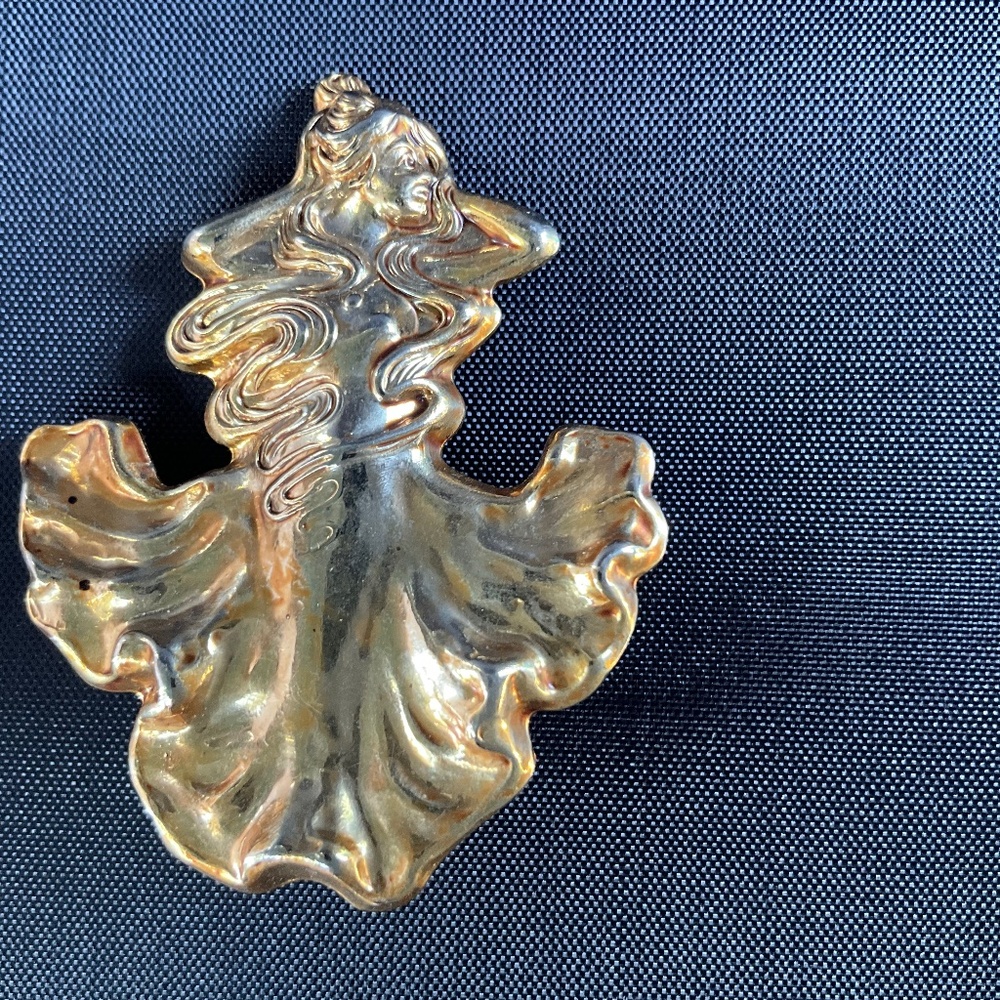 Vintage Gold Tone Metal Art Nouveau Lady in Formal Dress Brooch Pin Dancing